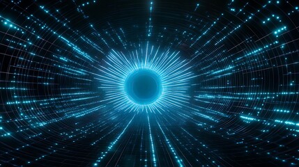 Obraz premium Abstract Light Tunnel with Bright Blue Particles and Radiating Lines in a Futuristic Design Concept