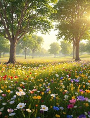 Obraz premium A lush green meadow surrounded by tall stalks of golden wheat, dotted with vibrant wildflowers and trees, basking in the warmth of a sunny day, landscape, wildflowers, nature's beauty.