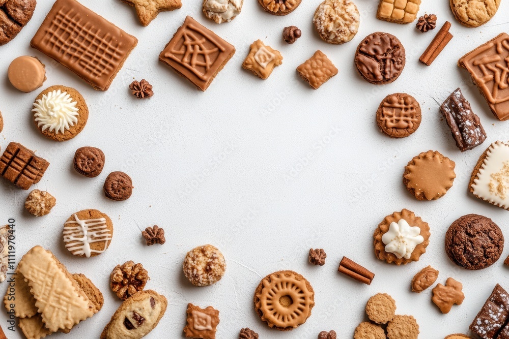 Poster a delightful collection of various sweets and cookies spread on a white background, ideal for creati