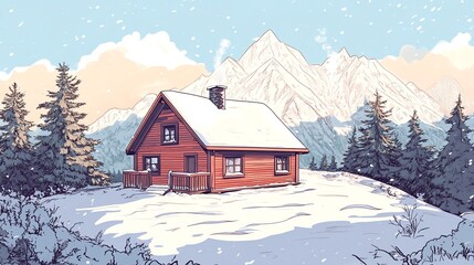 A cozy cabin sits on a snowy mountainside with a backdrop of snow-capped peaks.