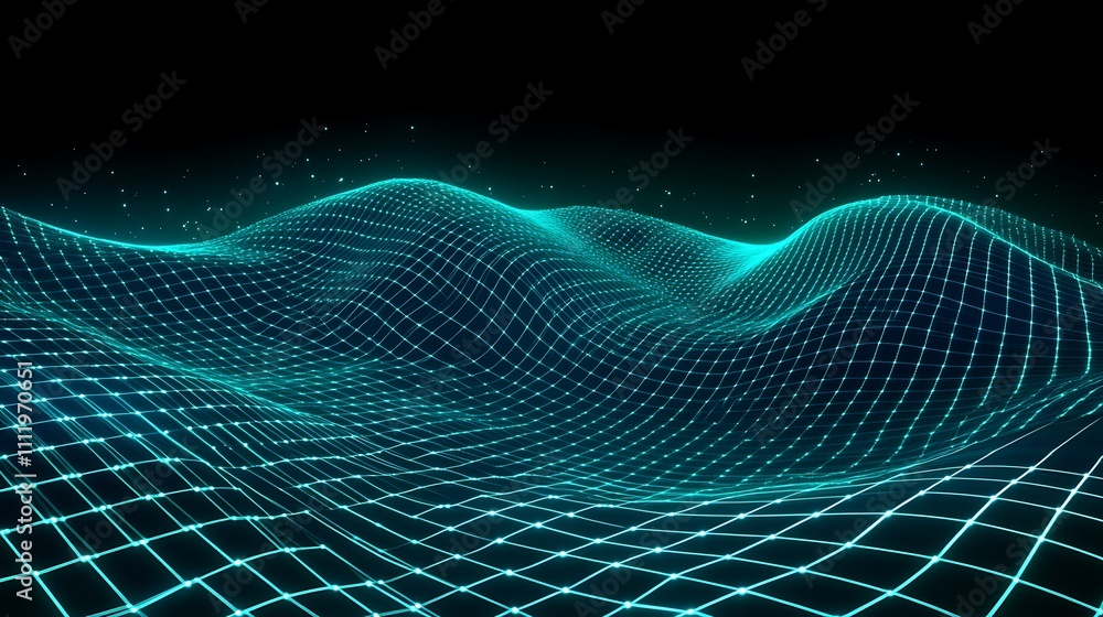 Poster abstract visualization of a digital landscape with neon grid and waves in a dark background