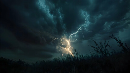 Dramatic lightning storm with dark clouds illuminated in the sky