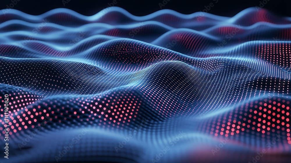 Poster abstract wave patterns in vibrant colors with glowing dots, representing digital transformation and 