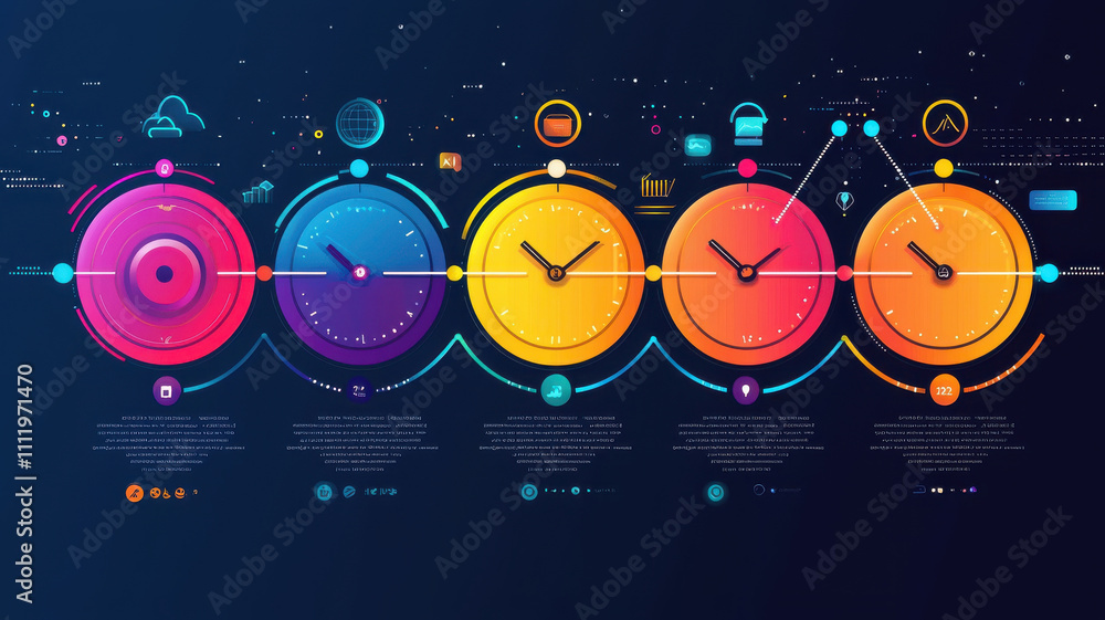 Poster colorful timeline graph concept. colorful timeline graphic with clocks and icons representing data f