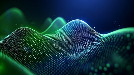 Digital Waveforms in Green and Blue Lit Environment with Dots Representing Data Flow and Energy Movement