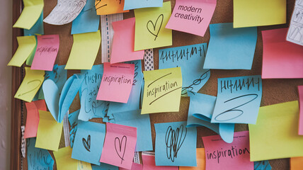 Multi-Colored Adhesive Notes on Chaotic Bulletin Board Inspiring Modern Creativity - Vibrant Sticky Notes, Organized Chaos, Brainstorming, Idea Generation, Creative Workspace, Collaborative Environmen