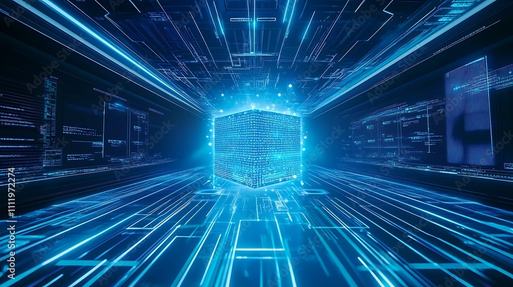 Poster futuristic 3d cube surrounded by bright digital lines and data streams in a high-tech environment