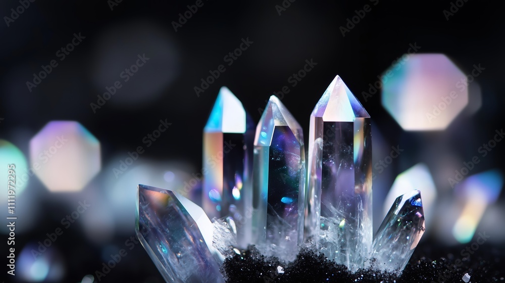 Poster shimmering crystals reflecting light with a captivating array of colors in a dark setting