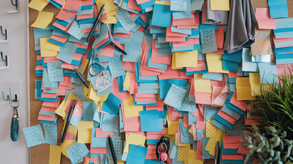 Multi-Colored Adhesive Notes on Chaotic Bulletin Board Inspiring Modern Creativity - Vibrant Sticky Notes, Organized Chaos, Brainstorming, Idea Generation, Creative Workspace, Collaborative Environmen