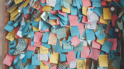 Multi-Colored Adhesive Notes on Chaotic Bulletin Board Inspiring Modern Creativity - Vibrant Sticky Notes, Organized Chaos, Brainstorming, Idea Generation, Creative Workspace, Collaborative Environmen