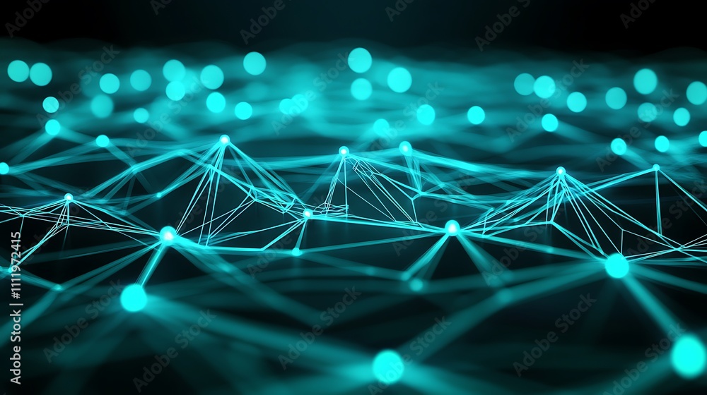 Poster futuristic abstract background of neon blue network connections and data points in a digital landsca