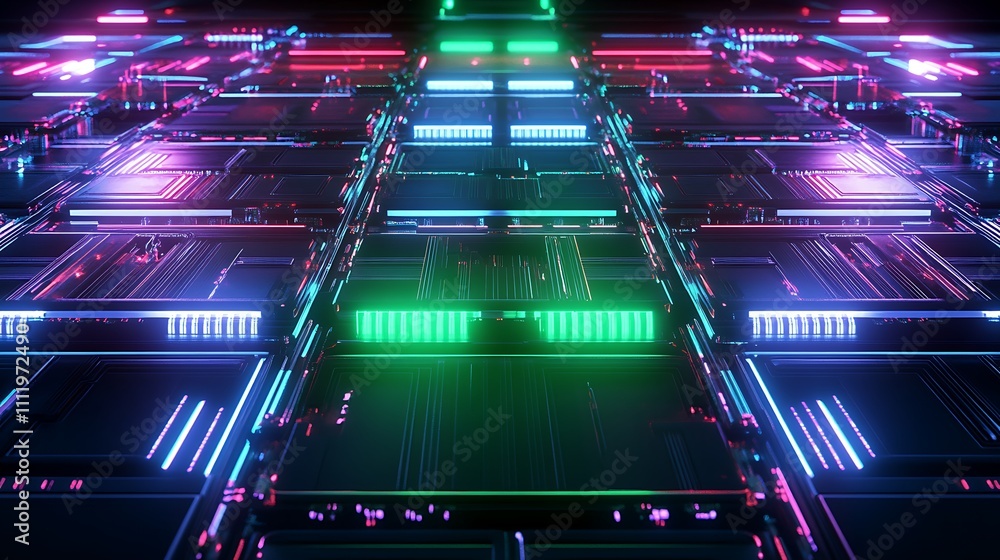 Poster futuristic abstract background with colorful led lights and complex circuit patterns in digital tech