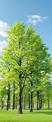 A peaceful grove of tall poplar trees with fresh green leaves in the early spring, peaceful, nature