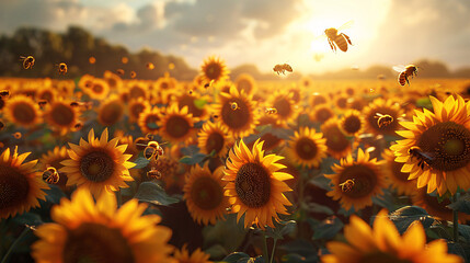 A vibrant sunflower field basking in golden sunlight under a beautiful sky, symbolizing joy and warmth in nature