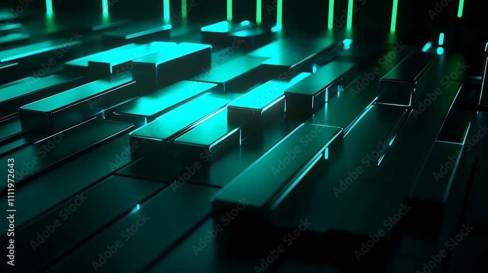 Poster futuristic abstract background with glowing cyan lines and metallic rectangles in high-tech design