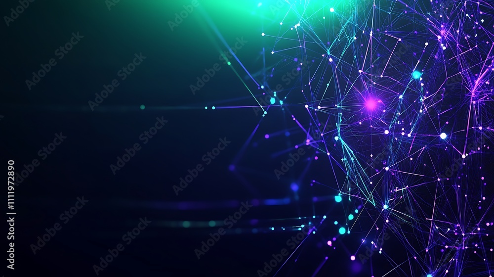 Poster futuristic abstract background with glowing network connections and colorful lights in dark space