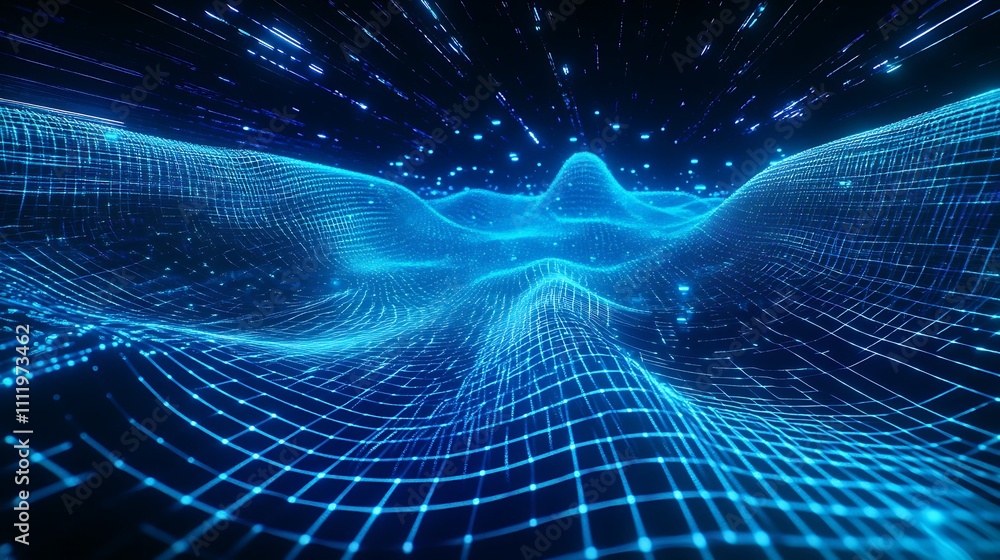 Poster futuristic abstract digital landscape with blue wireframe and sparkling elements representing data e