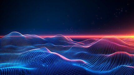 Obraz premium Futuristic Abstract Landscape of Wavy Lines and Dots in Blue and Pink Shades with a Dark Background