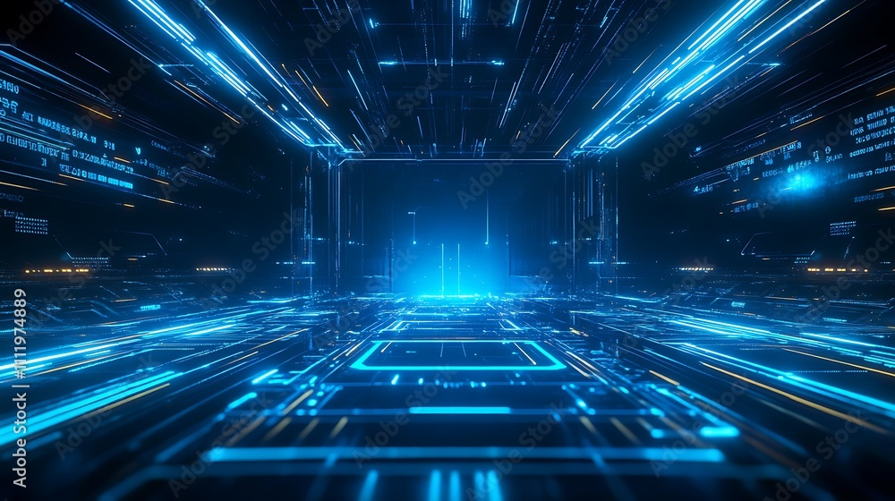 Aufkleber futuristic abstract technology background with glowing blue lines and digital elements in a 3d space