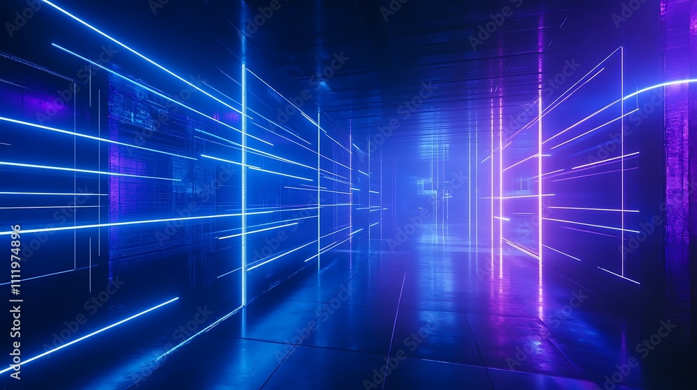 Poster futuristic abstract space with neon light lines illuminating dark corridor in a digital environment
