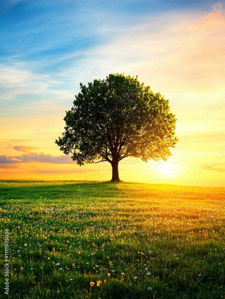 Poster A solitary tree commands attention in an expansive field as the sun sets, painting the sky with brilliant colors while leaving room for text. Generative AI