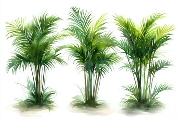 A watercolor illustration of three lush green palm plants.