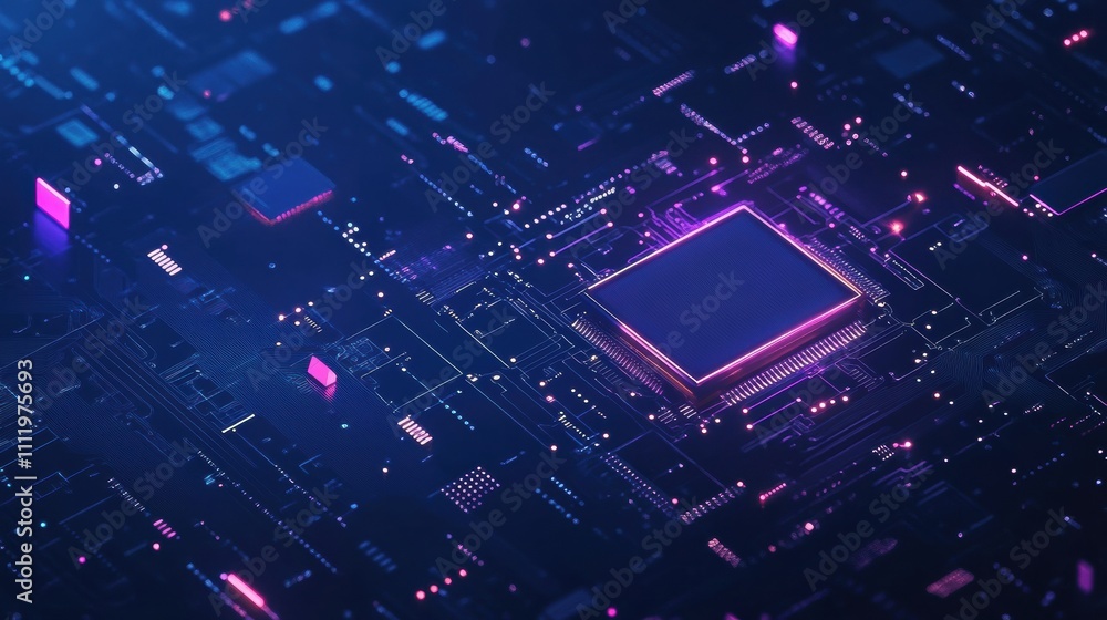 Poster Visual of a digital AI chip in an abstract tech brain on a dark blue background, emphasizing artificial intelligence. Generative AI