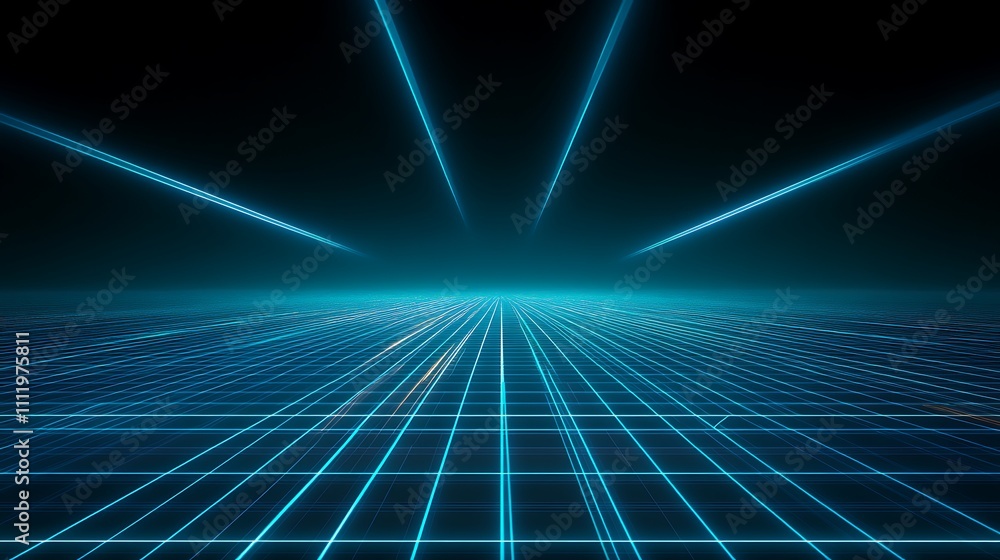 Aufkleber futuristic blue neon grid with light beams merging into a dark space creating a sci-fi background