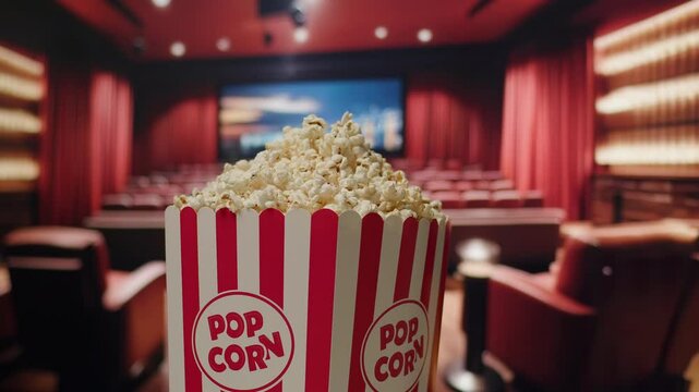 A popcorn basket rotates with a cinema screen in the background, creating a dynamic and cinematic atmosphere that highlights the classic movie-going experience