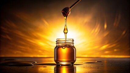 Naklejka premium Silhouette of a Drop of Liquid Honey Falling into a Bottle Against a Backlit Background, Capturing the Essence of Sweetness and Nature's Golden Nectar