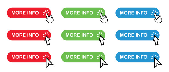 More info icon buttons with hand and two type arrow cursors. More info web buttons in simple style.