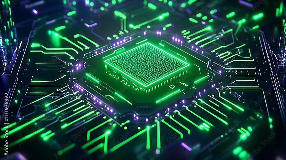 Aufkleber futuristic circuit board with neon green and purple lights displaying complex microchip design and t