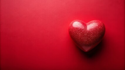 Fototapeta premium Single Pink Heart on Vibrant Red Background for Valentine's Day Celebration with Copy Space for Love Postcards and Greetings, Perfect for Romantic Messages and Designs