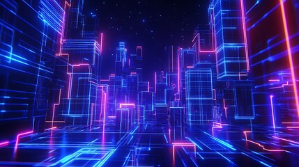 Fototapeta premium Futuristic Cityscape with Neon Lights and Glowing Digital Structures in a Virtual World