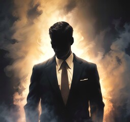 Illustration of man in suit silhouette with dramtaic background.