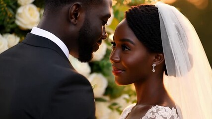 Black couple in wedding attire sharing a romantic moment during their ceremony