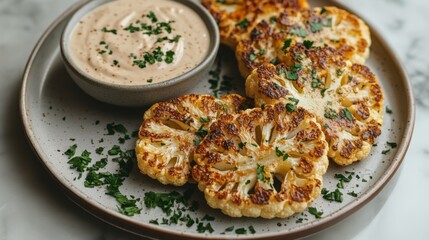 A plate of roasted cauliflower steaks with a side of tahini sauce, arranged artistically, Generative AI