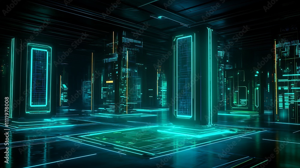 Poster futuristic data center with neon lights and high-tech elements in a modern digital environment