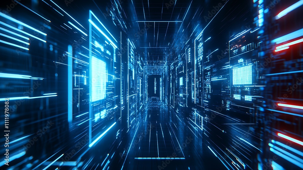 Aufkleber futuristic data flow in abstract digital environment with neon light trails and motion blur effects