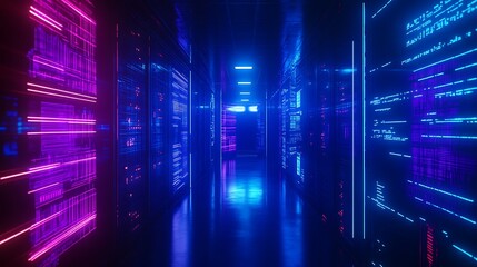 Fototapeta premium Futuristic Data Center with Vibrant Neon Lights and Glowing Server Racks in a Dark Corridor