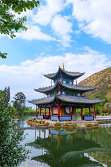 Chinese Traditional Pagoda, Pavilion and Arch Bridge at the Black Dragon Pool Park, Lijiang Old Town 