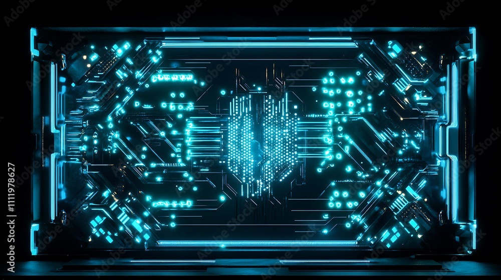 Poster futuristic digital circuit board with neon blue lights and abstract patterns in a high-tech environm