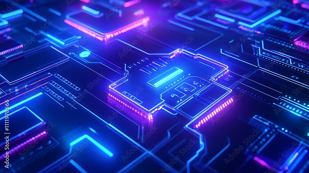 Aufkleber futuristic digital circuit board with neon lights and glowing elements for technology and innovation