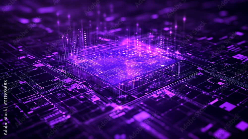 Aufkleber futuristic digital circuit board with purple glowing elements and abstract data visualization