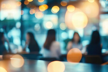 Blurred image of people socializing in a brightly lit cafe  bokeh effect.
