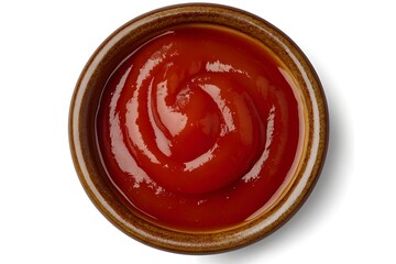 Fresh tomato ketchup in glass bowl with parsley garnish, isolated on white background