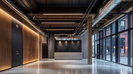 Obraz premium Industrial-style ceiling with metal conduit wiring, junction boxes, plumbing pipelines, and sleek exhibition lighting