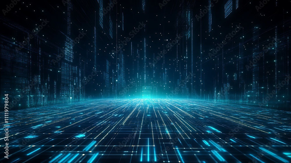 Poster futuristic digital landscape with blue glowing lines and data points in a high-tech sci-fi environme