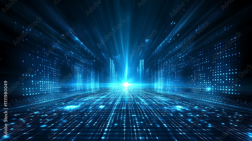 Poster futuristic digital landscape with bright light rays and glowing grid patterns in a high-tech environ