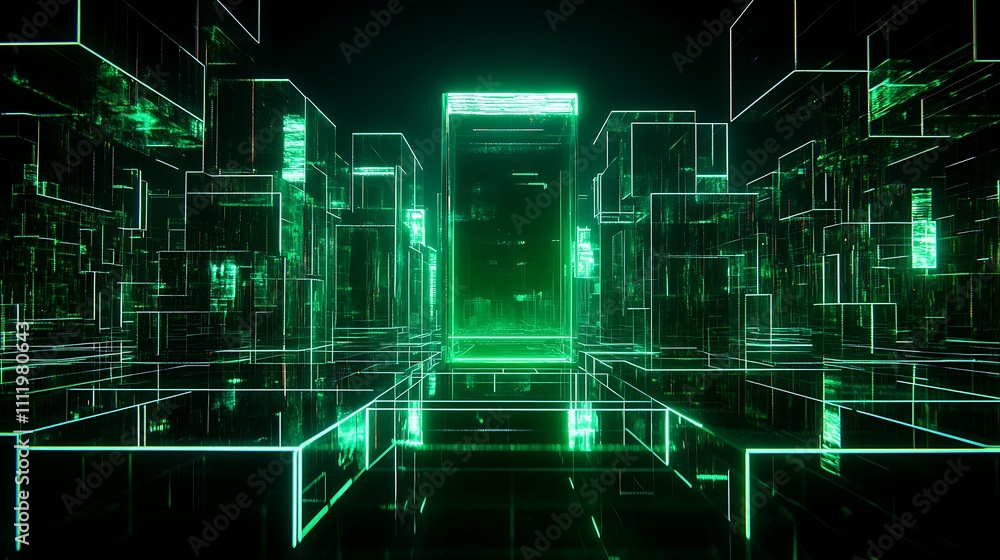Poster futuristic digital landscape with glowing green structures and abstract geometric forms in dark spac